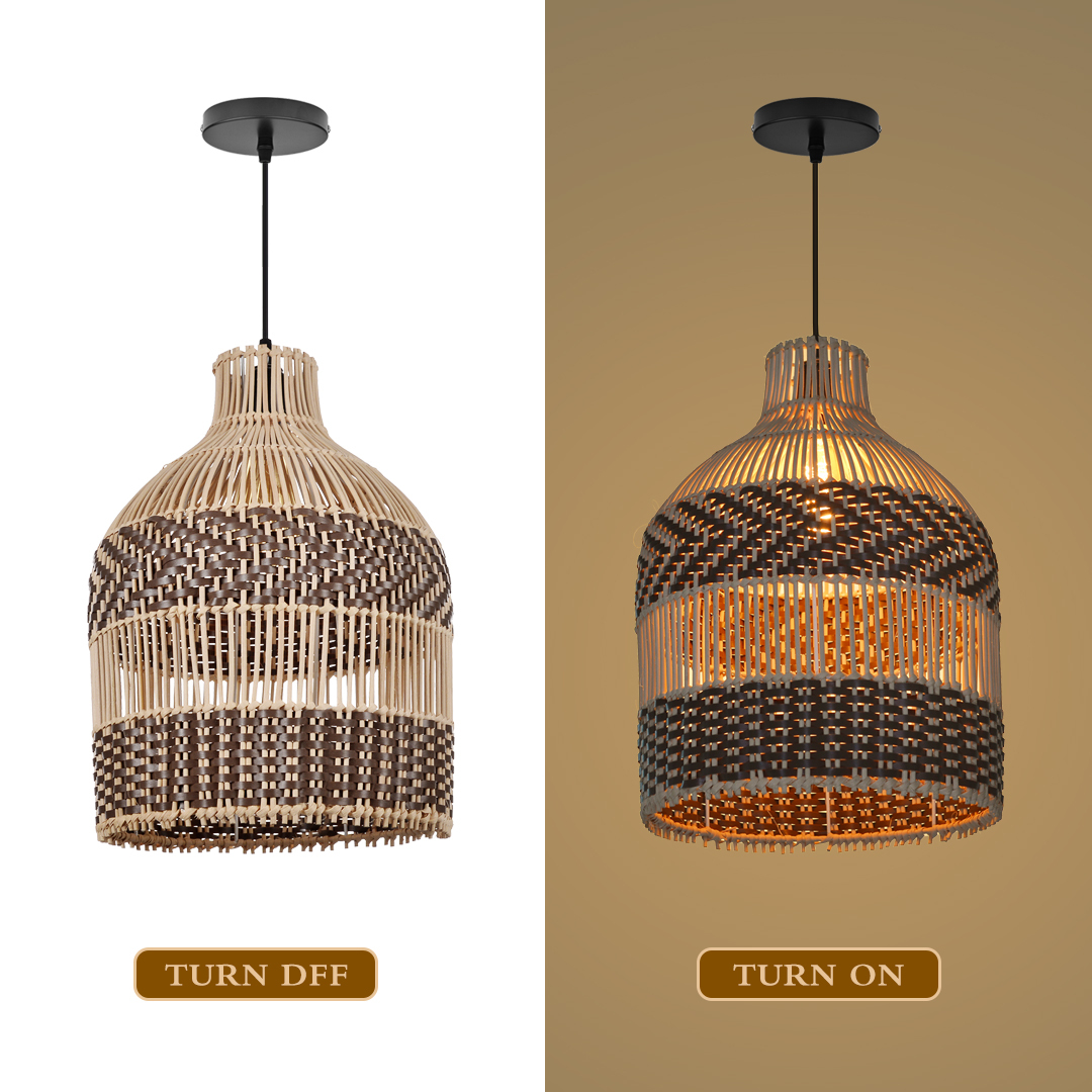 Boho Stripes Hand-woven Lampshade Elegant Rattan Pendant Light-labpiecesign
