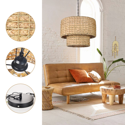 Double layer Natural Rattan Shade Traditional Drum Hanging Pendant Light-labpiecesign