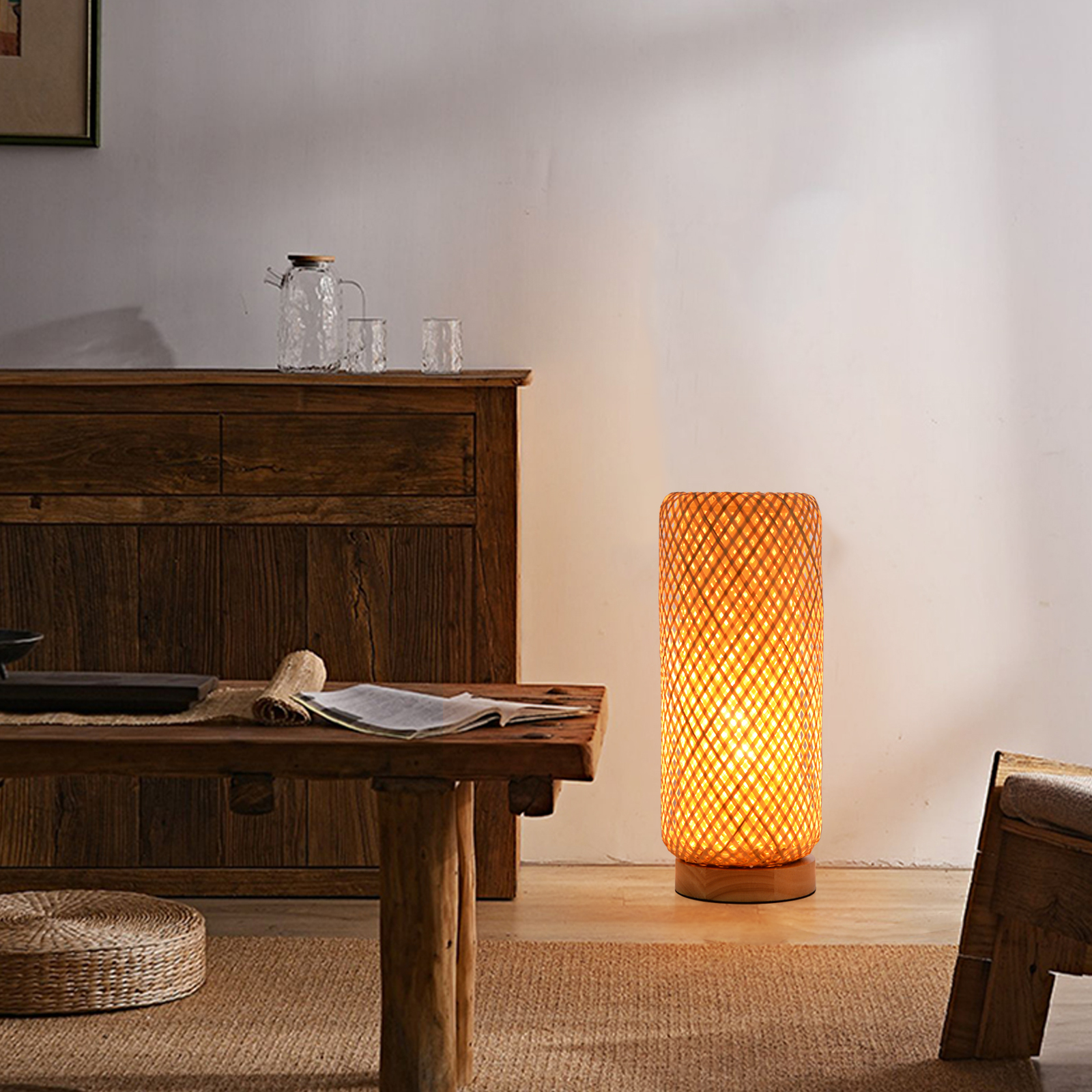 Cylindrical bamboo table lamp for bedroom