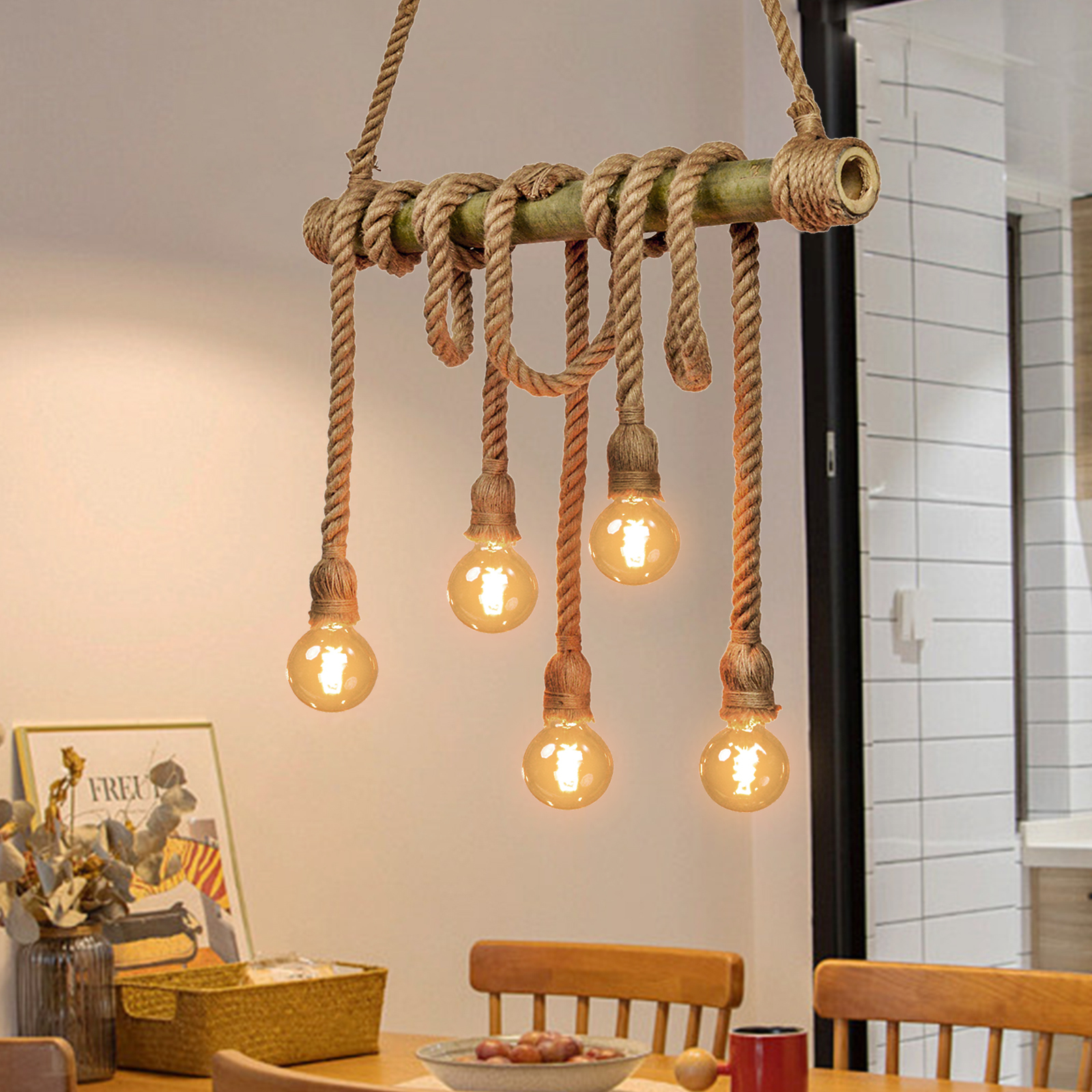 Industrial Vintage Island Pendant Light with Rope Wood Decoration-labpiecesign