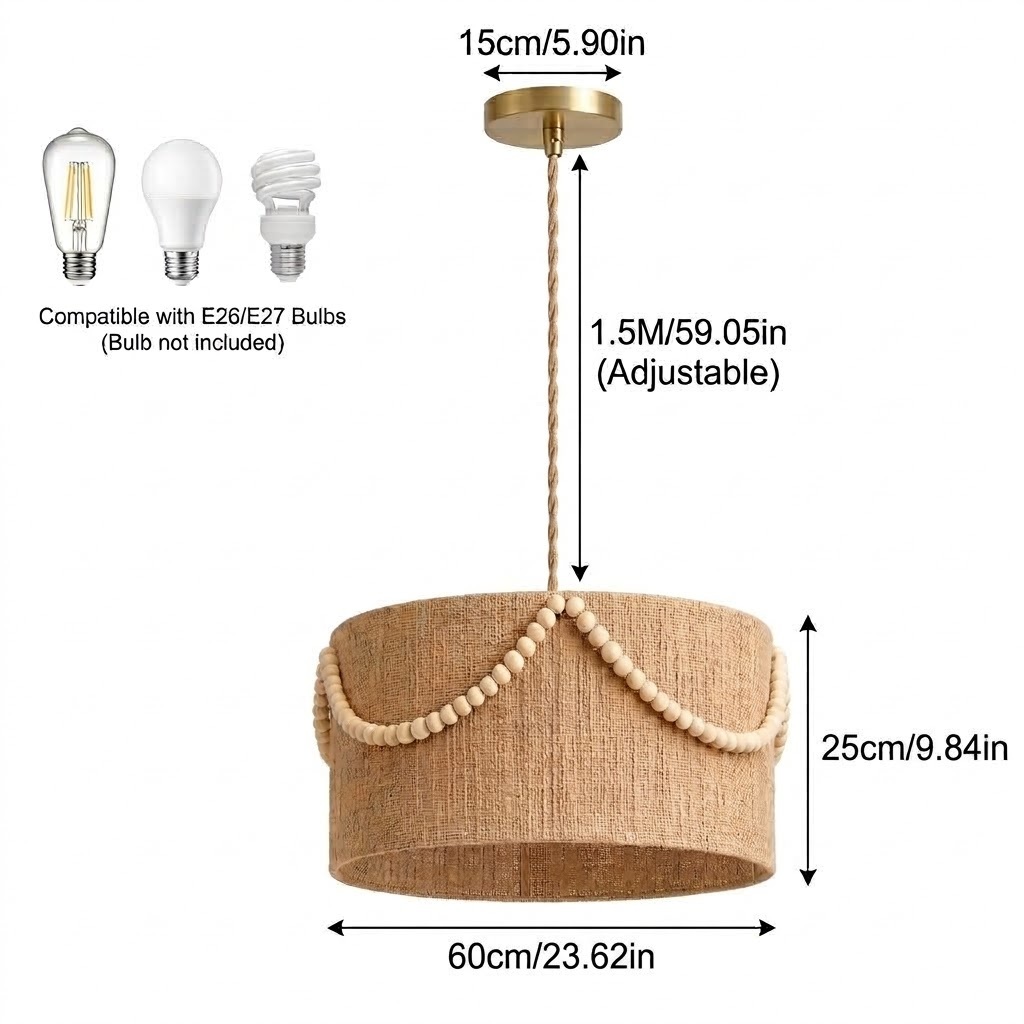 Boho Woven Jute Pendant Light with Wood Bead Garland - Coastal Drum Chandelier