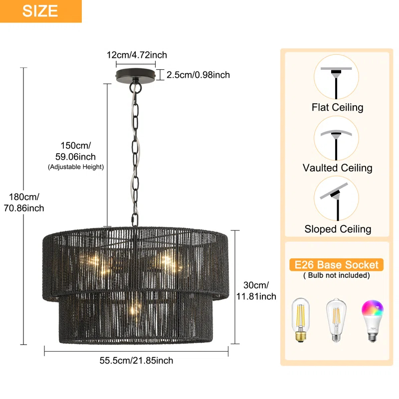 Shiloh Rattan Pendant Light - Bohemian Lampshade, Rattan Light Fixture