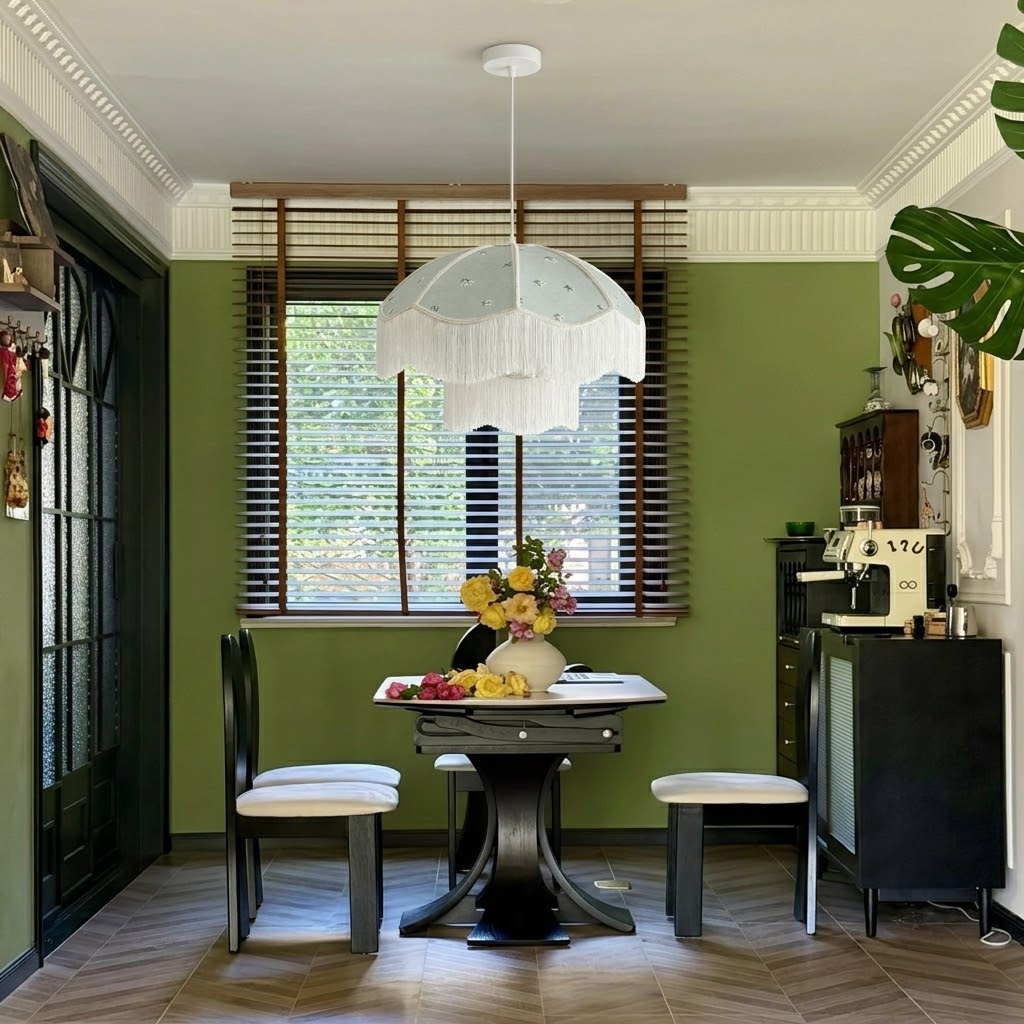 Vintage Floral Fabric Pendant Light with Layered Fringe