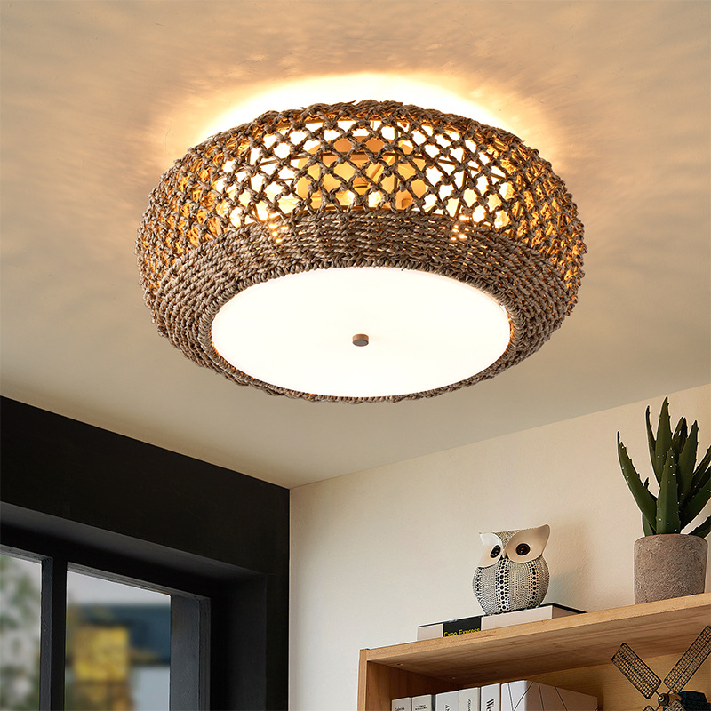 Wabi-Sabi Style Japanese Ceiling Light Rustic Rattan Corridor Aisle Light Vintage Wood Entrance Hallway Balcony Cloakroom Lighting