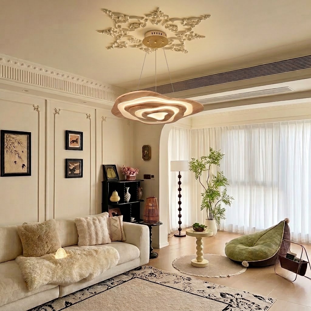 Modern Sculptural Wood LED Pendant Light for Dining Room
