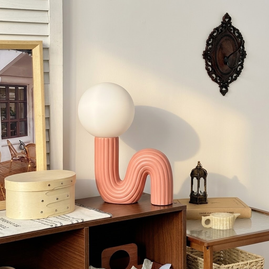 Sculptural Wave Resin Table Lamp with Glass Globe Shade