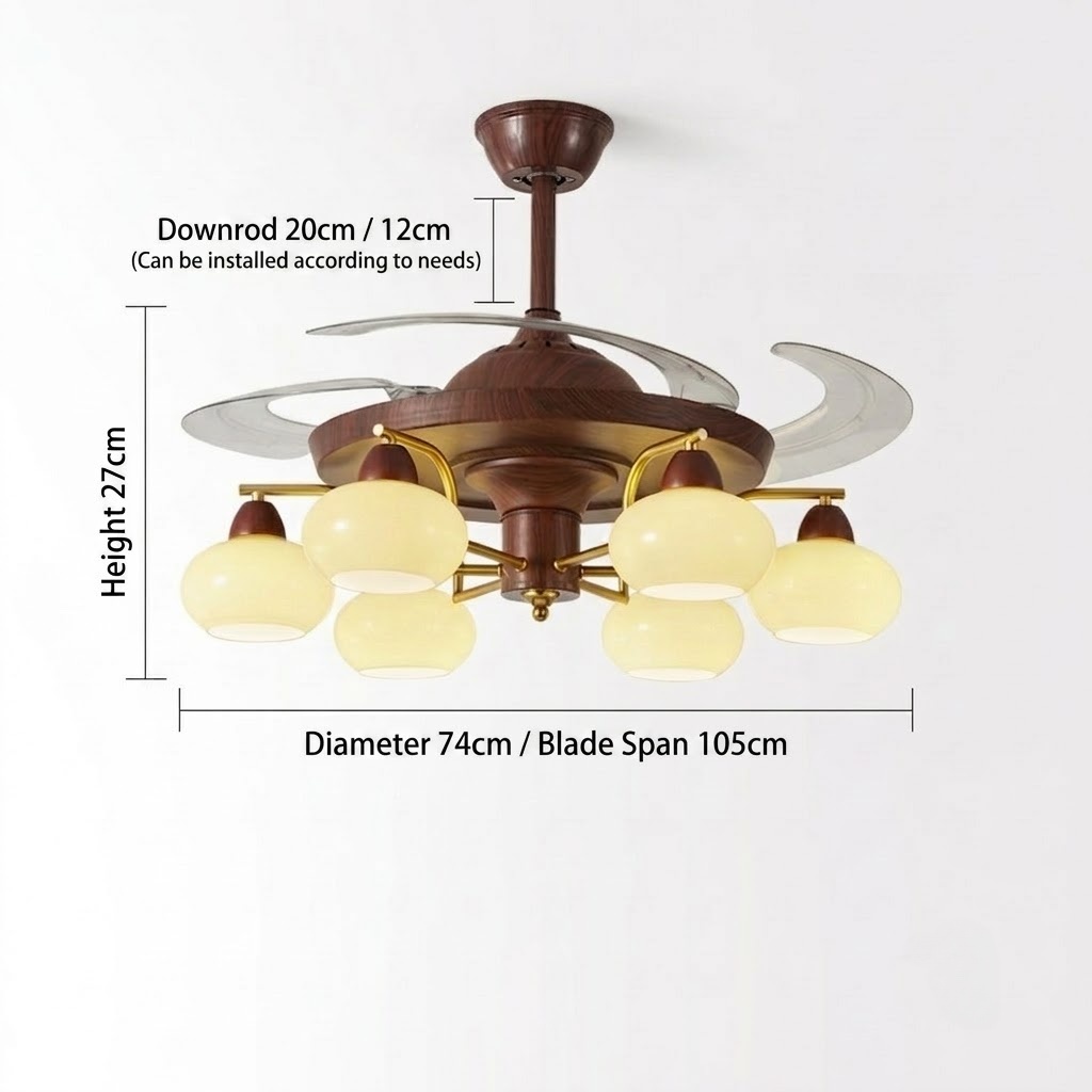 Mid-Century Walnut Retractable Ceiling Fan with Lights for Living Room
