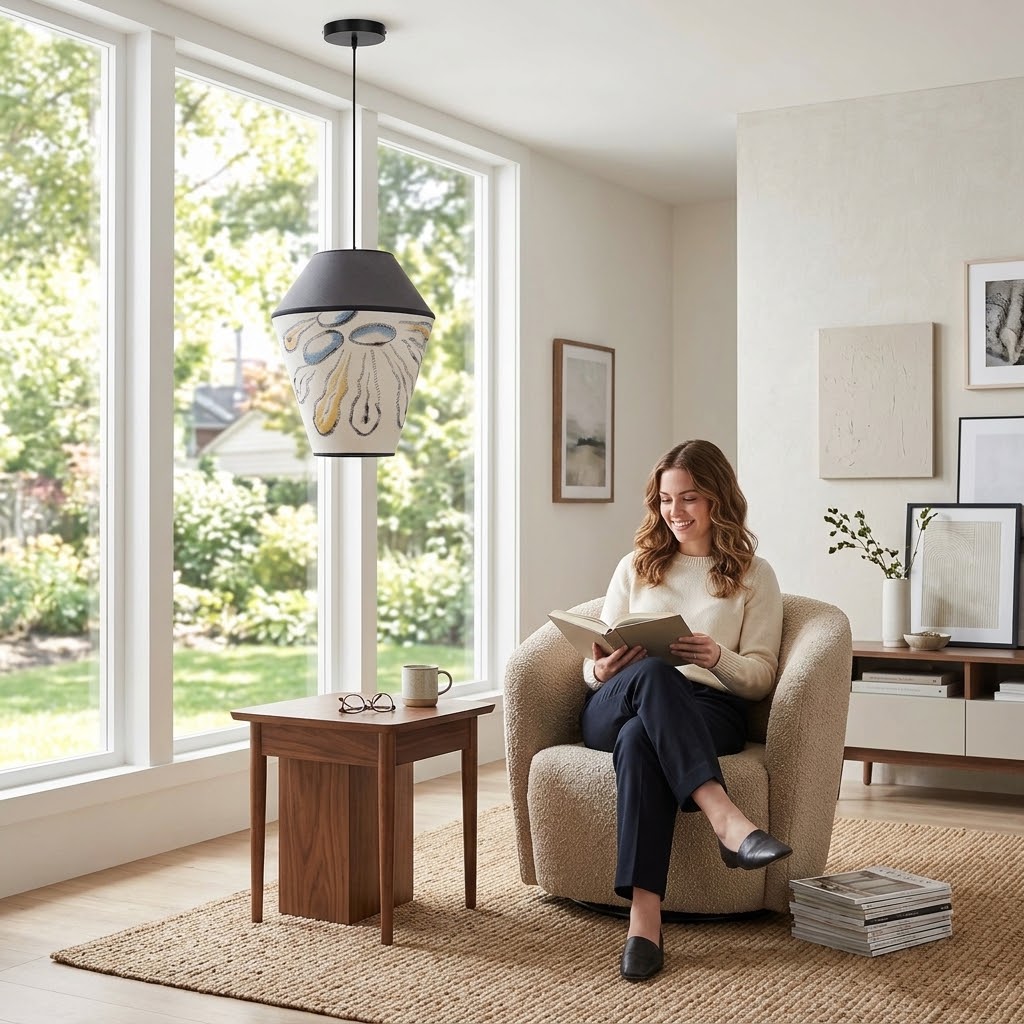 Modern Organic Two-Tone Fabric Pendant Light – Printed & Solid Shade