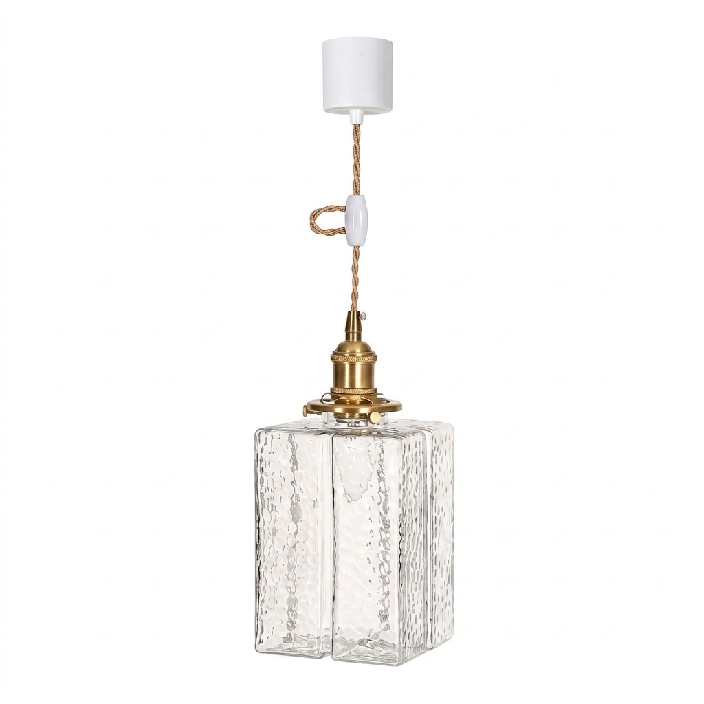 Modern Handblown Glass Pendant Light - Vintage Brass Square Hanging Lamp