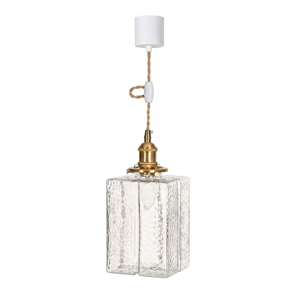 Modern Handblown Glass Pendant Light - Vintage Brass Square Hanging Lamp