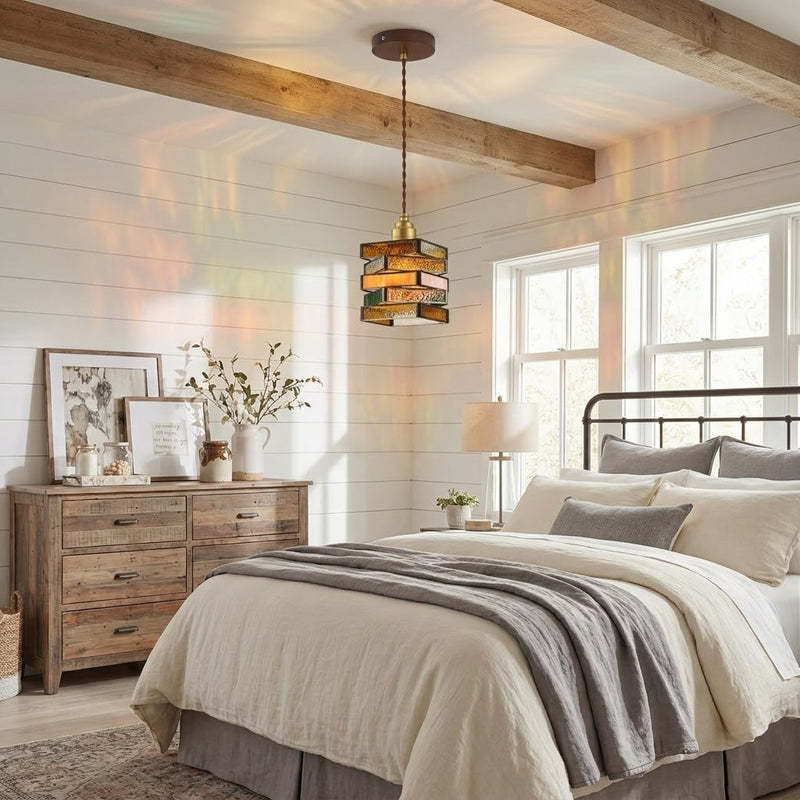 Vintage Geometric Stained Glass Pendant Light