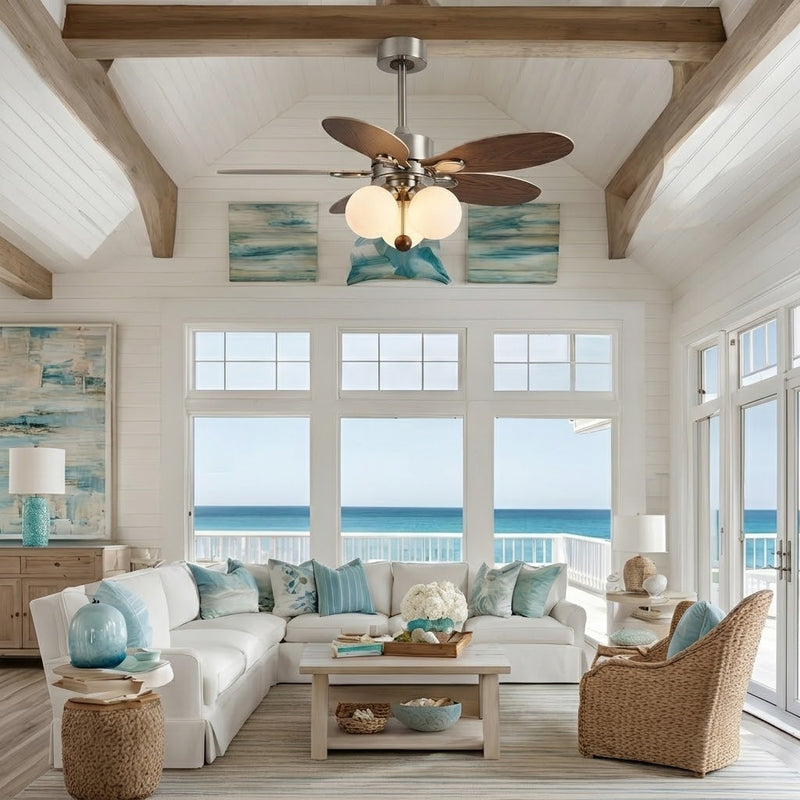 Mid-Century Walnut Ceiling Fan with Globe Lights for Living Room