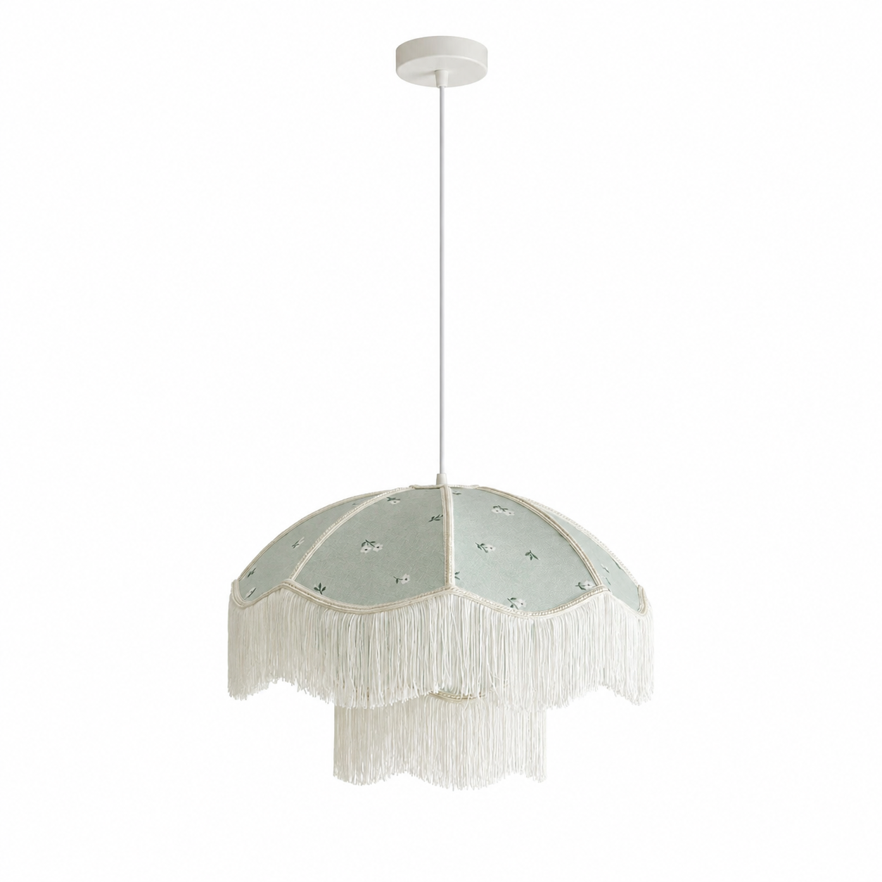 Vintage Floral Fabric Pendant Light with Layered Fringe