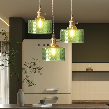 Retro Short Cylinder Wavy Glass Pendant Light
