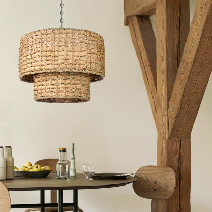 Double layer Natural Rattan Shade Traditional Drum Hanging Pendant Light-labpiecesign