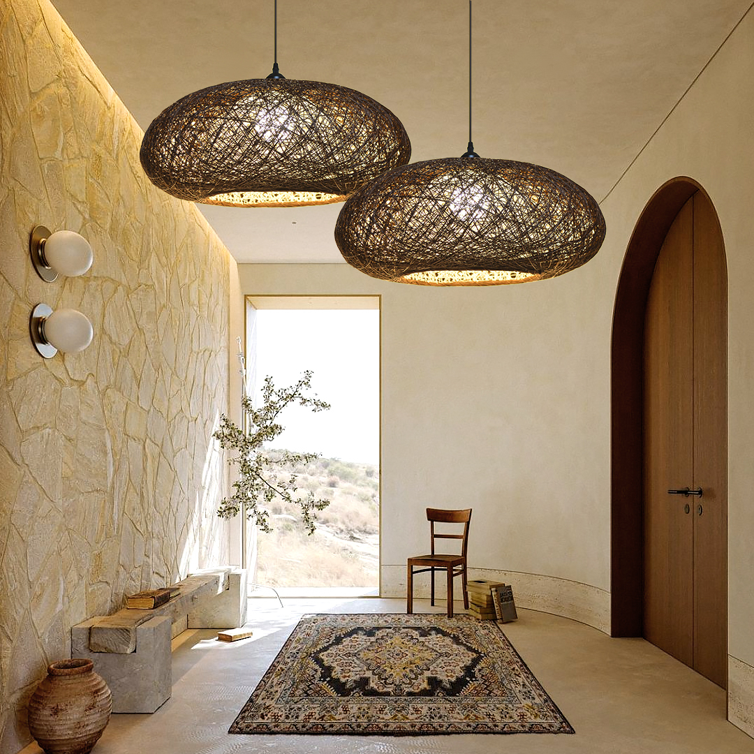 Handmade Oval Ball Rattan Light Hemp Ball Chandelier-labpiecesign