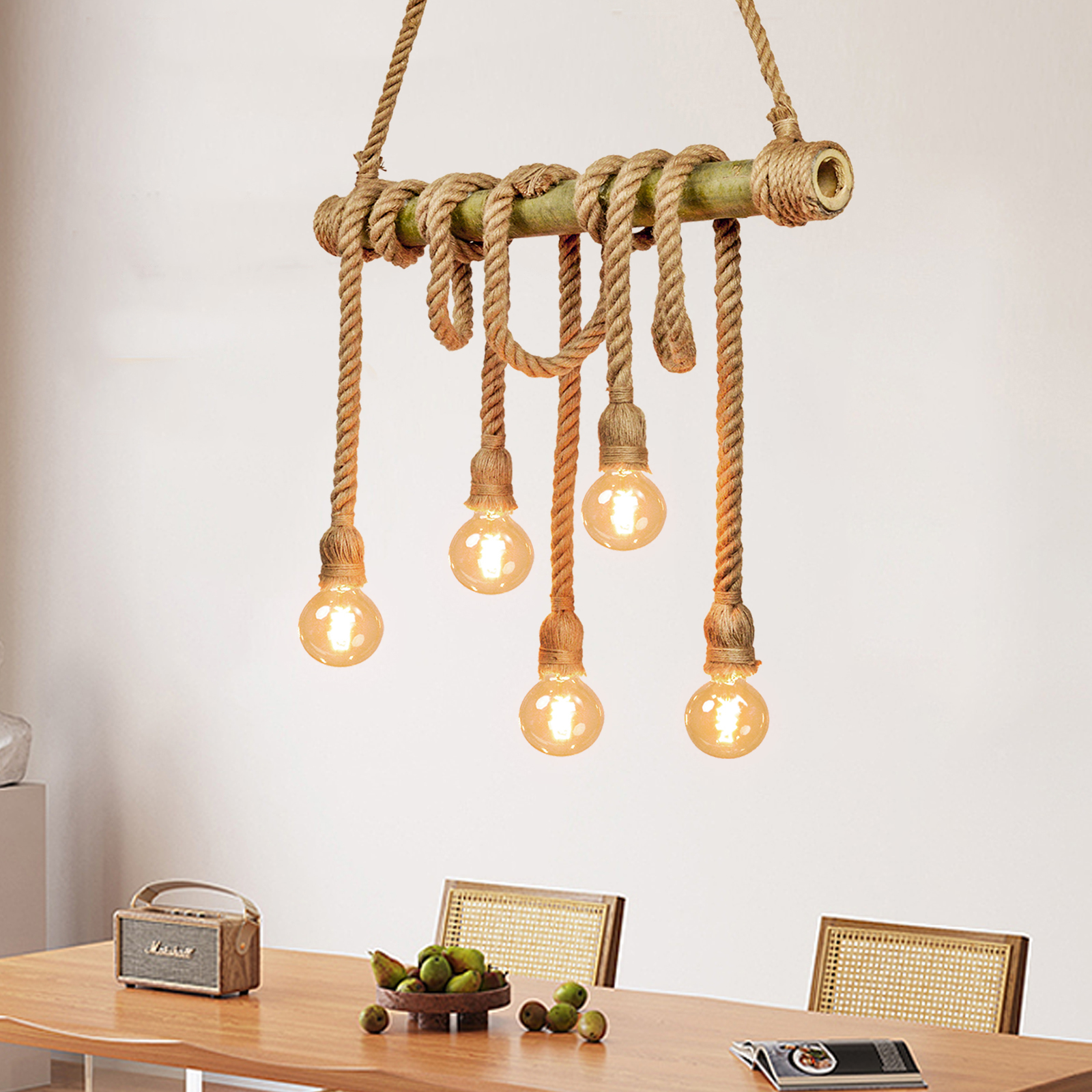 Industrial Vintage Island Pendant Light with Rope Wood Decoration-labpiecesign