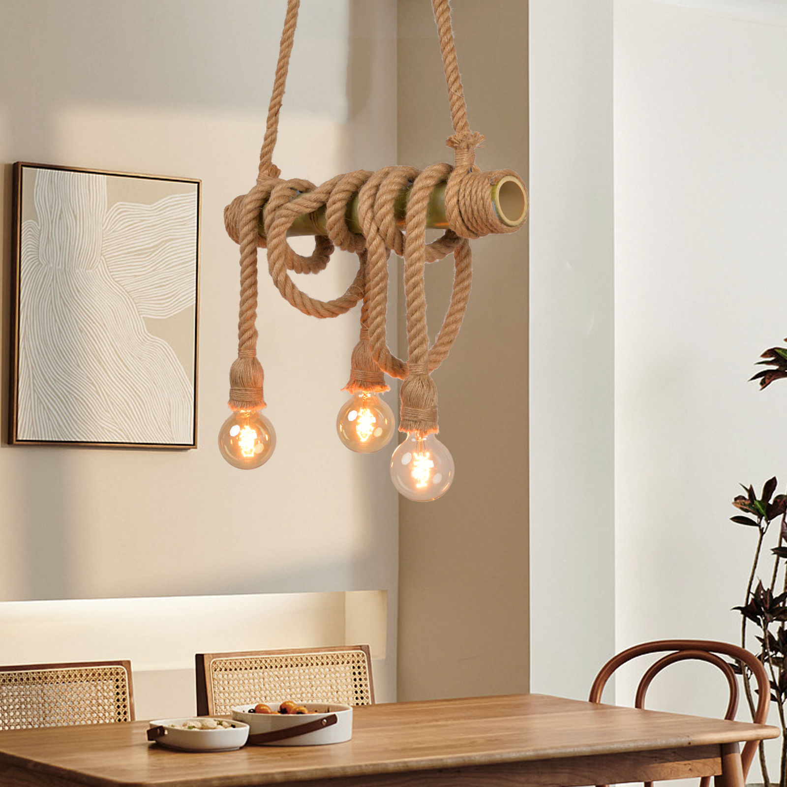 Industrial Vintage Island Pendant Light with Rope Wood Decoration-labpiecesign