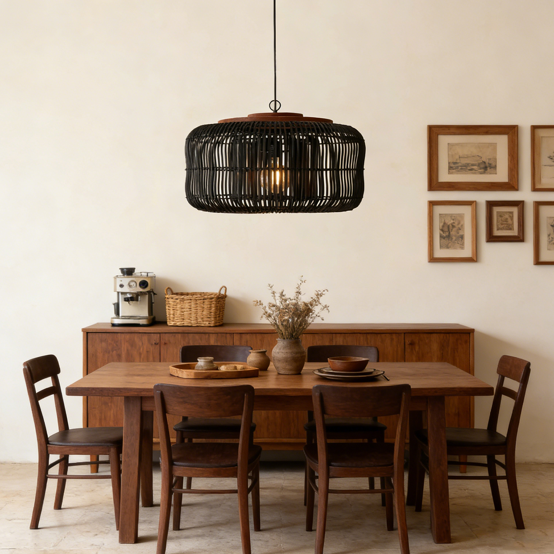 Vintage Black Wicker Pendant Light for Dining Room