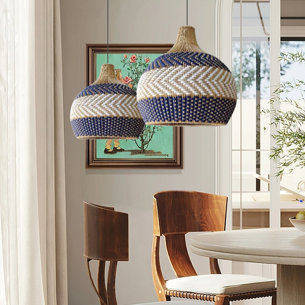 Boho Handmade Blue & White Unique Round Rattan Pendant Light for Dining Room