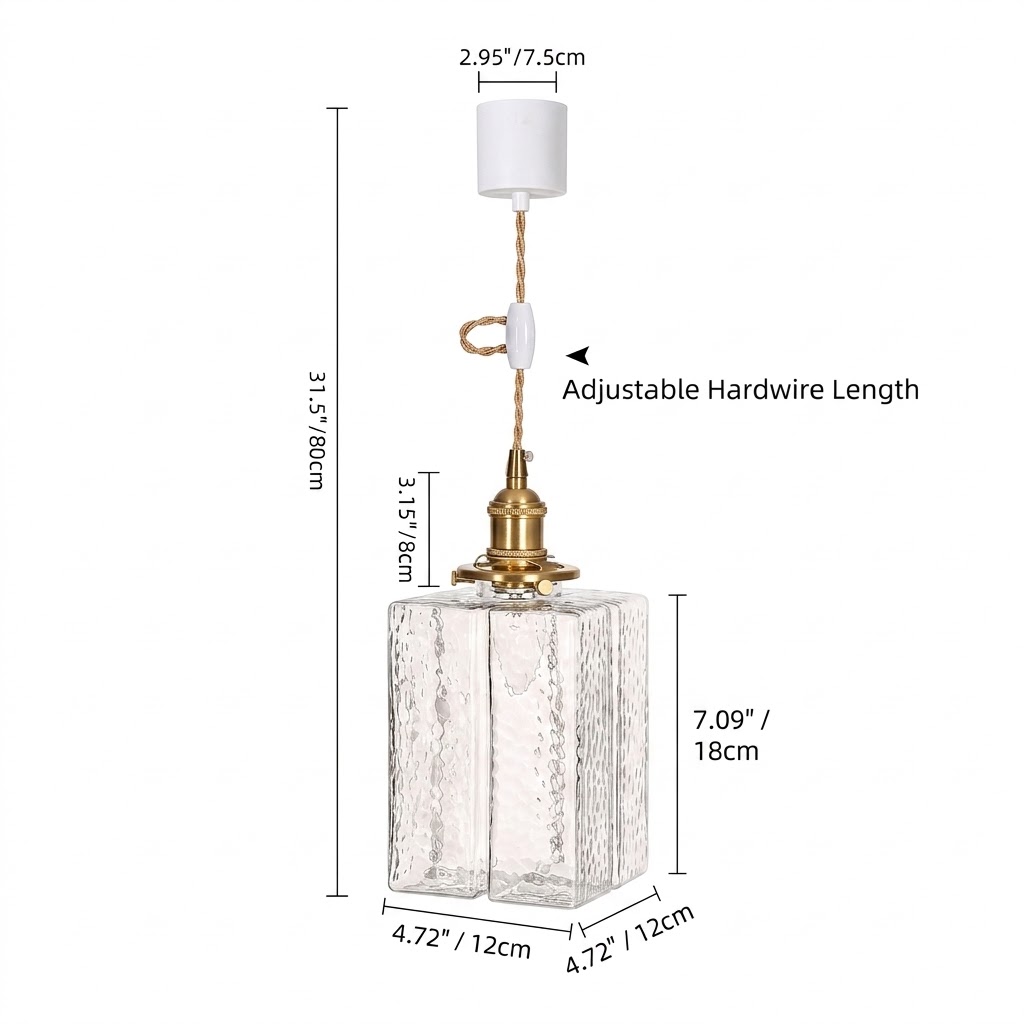 Modern Handblown Glass Pendant Light - Vintage Brass Square Hanging Lamp