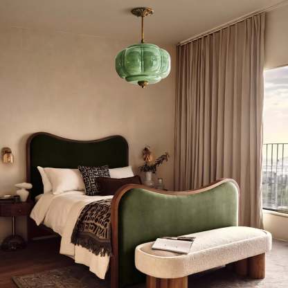 Vortan Antique Brass Green Glass Semi-Flush Mount Pendant Lamp