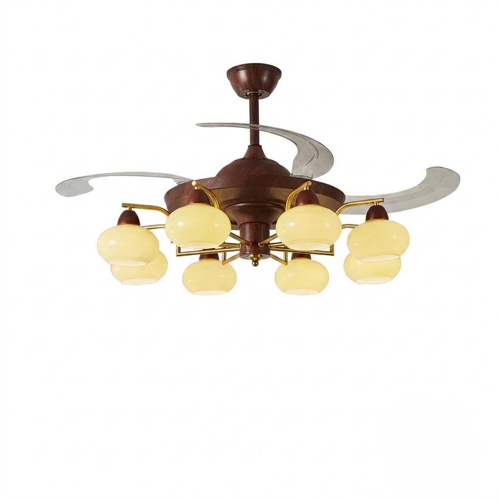 Mid-Century Walnut Retractable Ceiling Fan with Lights for Living Room