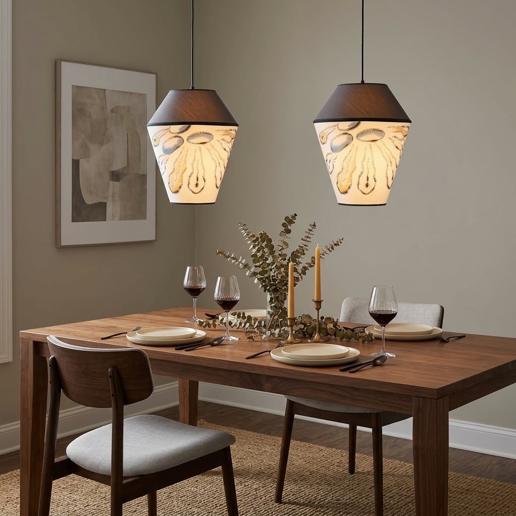 Modern Organic Two-Tone Fabric Pendant Light – Printed & Solid Shade