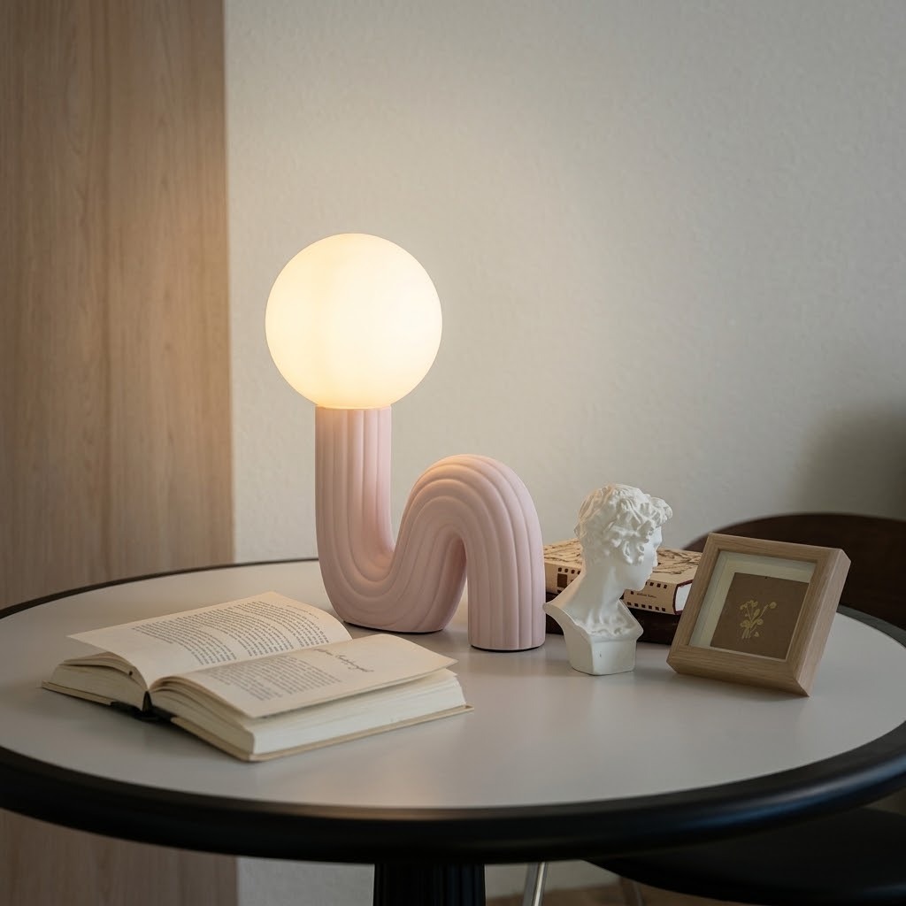 Sculptural Wave Resin Table Lamp with Glass Globe Shade