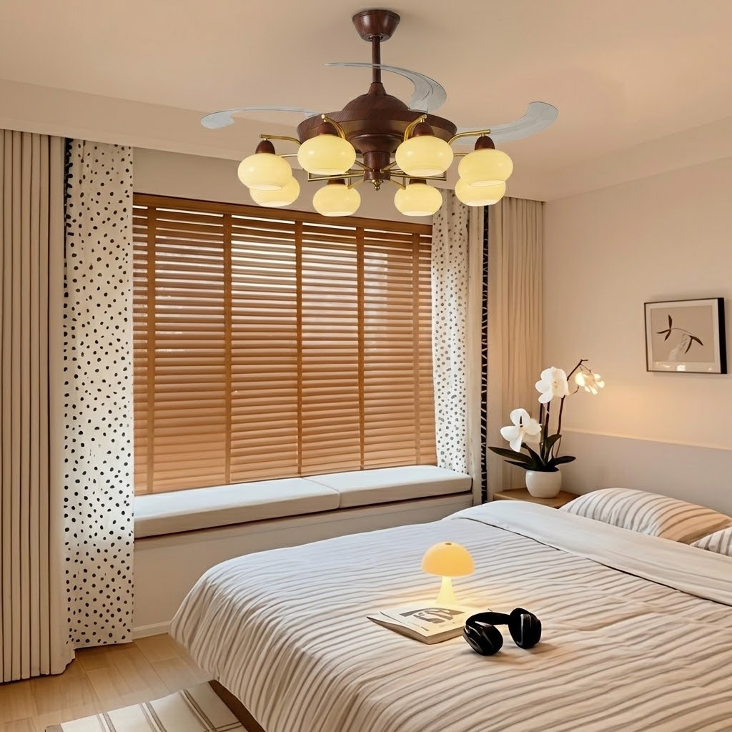 Mid-Century Walnut Retractable Ceiling Fan with Lights for Living Room