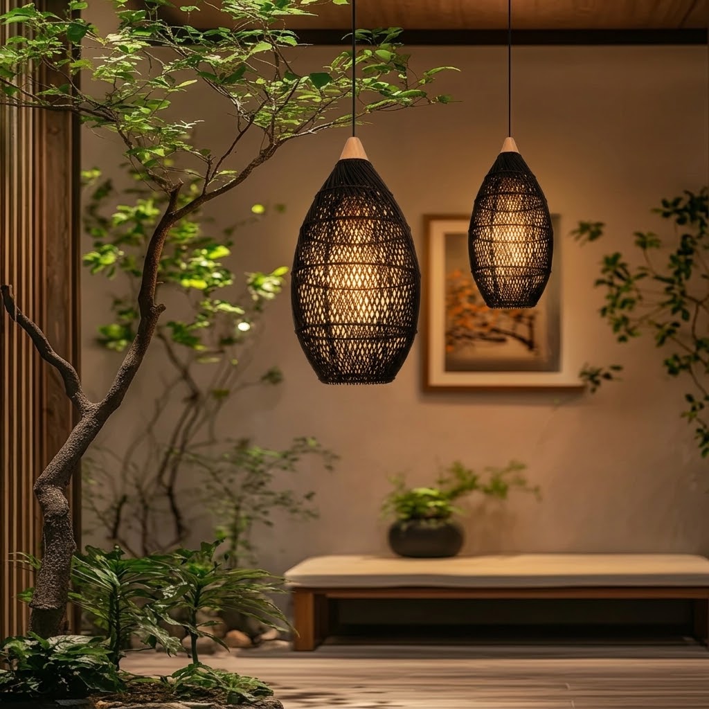 Wicker Rattan Pendant Light, Teardrop Hanging Light for Dining Room & Living Room
