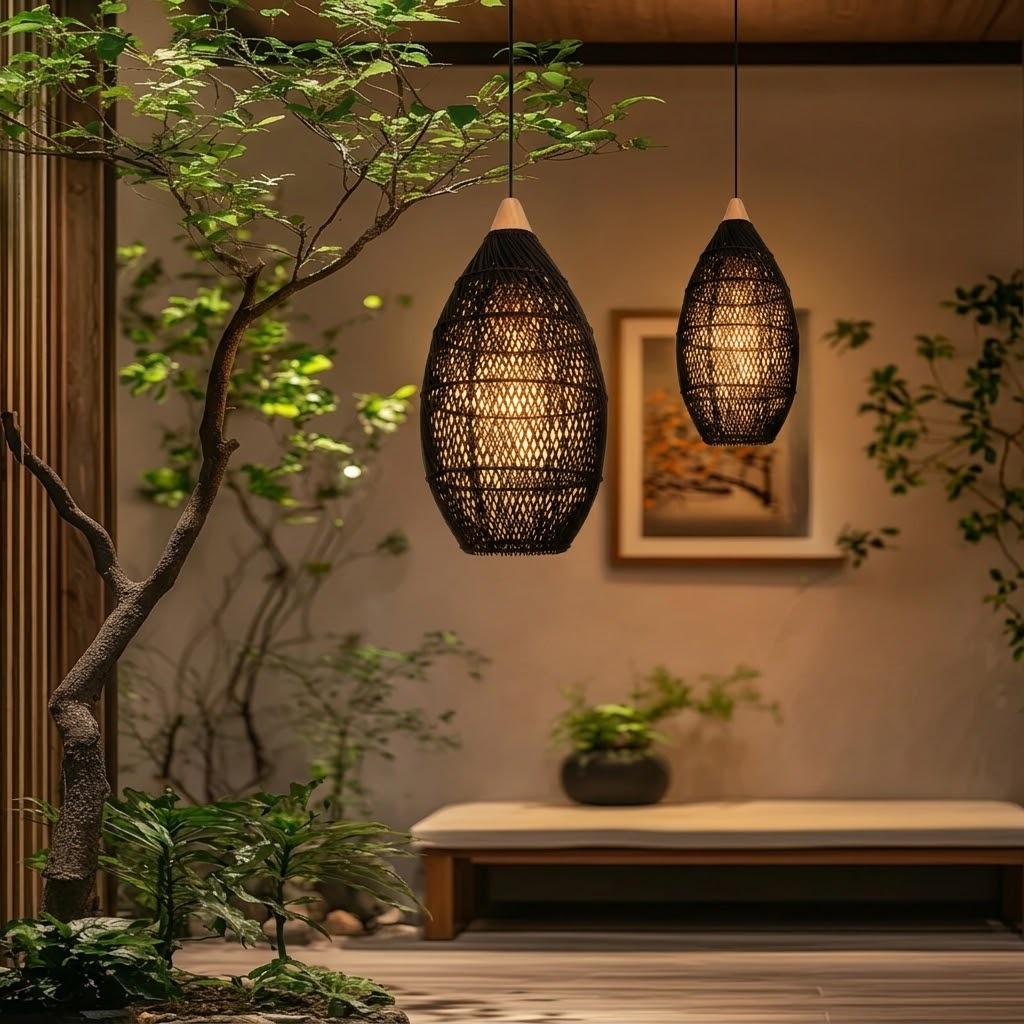 Wicker Rattan Pendant Light, Teardrop Hanging Light for Dining Room & Living Room