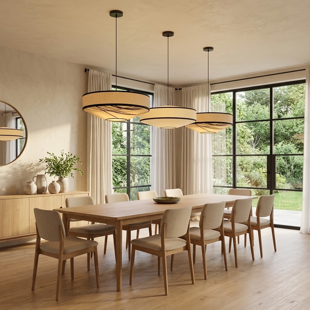 Japandi Fabric Drum Pendant Light Modern Linen Chandelier