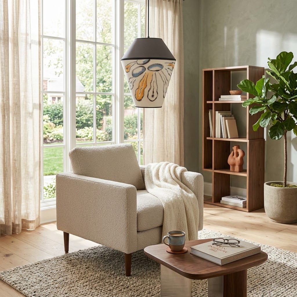 Modern Organic Two-Tone Fabric Pendant Light – Printed & Solid Shade
