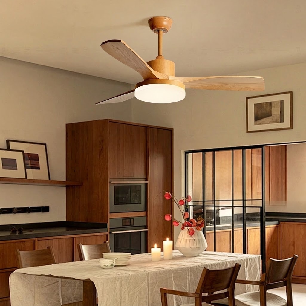 Modern Natural Wood Ceiling Fan Light with LED for Living Room