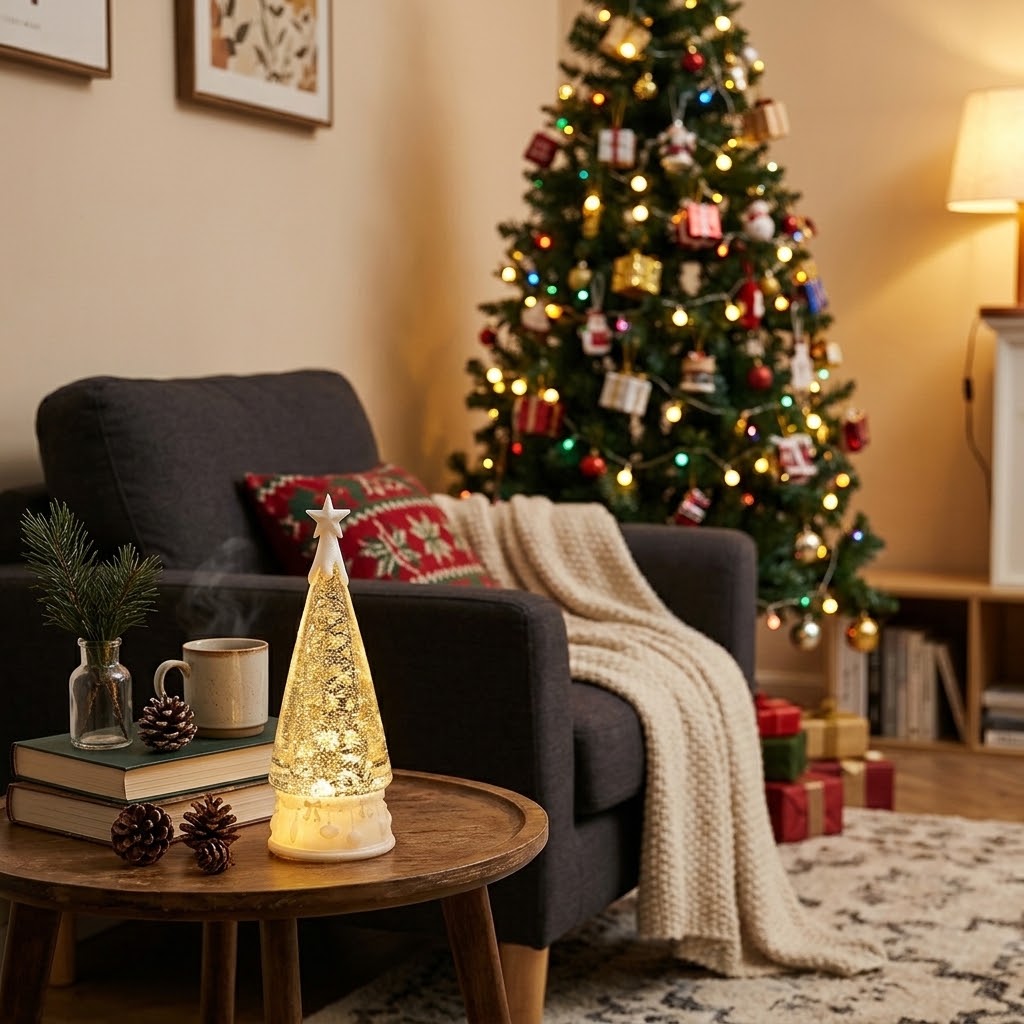 Crystal Christmas Tree Lamp with Rotating Design, Snowflake Effect & Star Topper