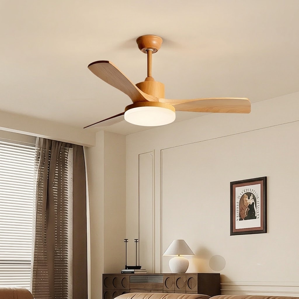 Modern Natural Wood Ceiling Fan Light with LED for Living Room