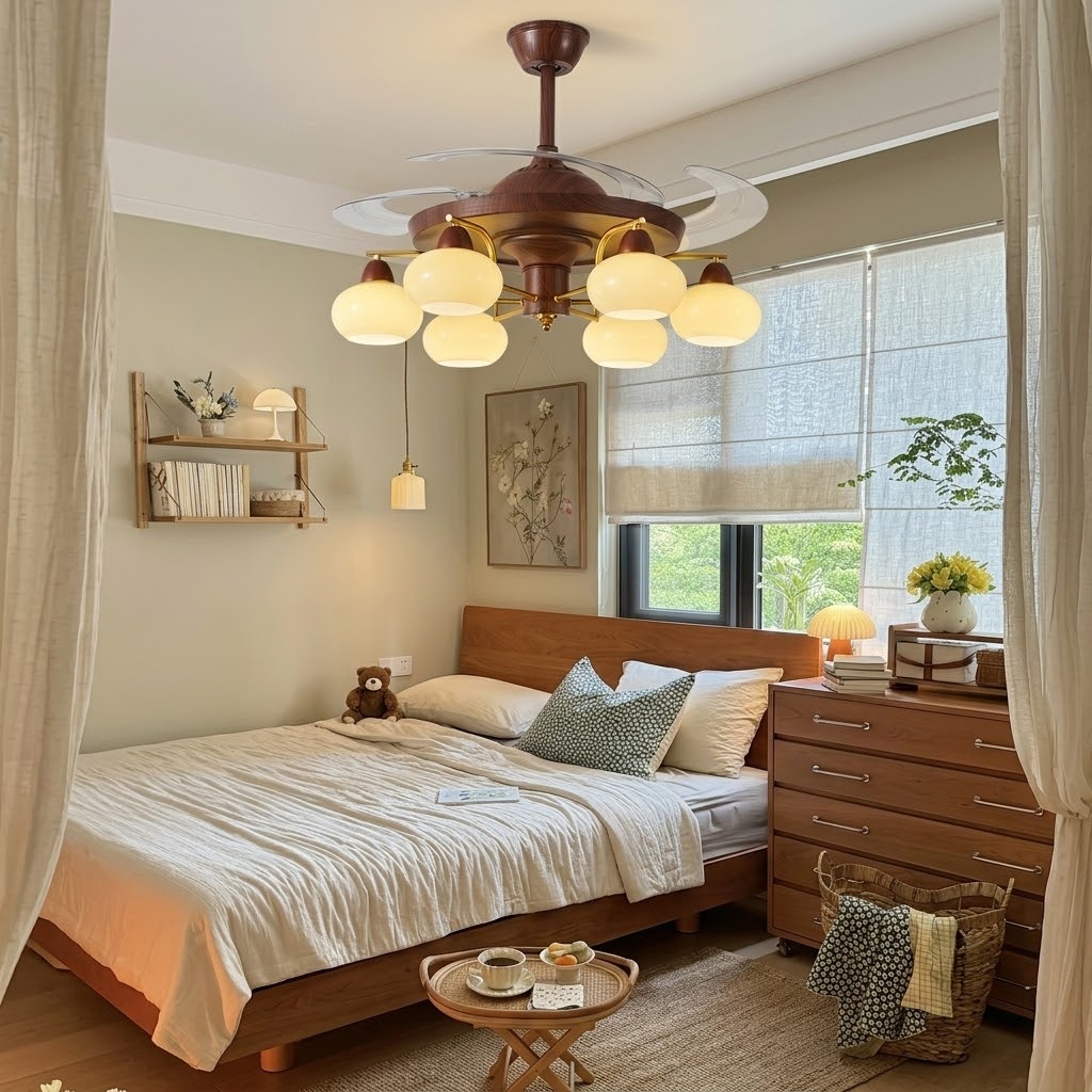 Mid-Century Walnut Retractable Ceiling Fan with Lights for Living Room