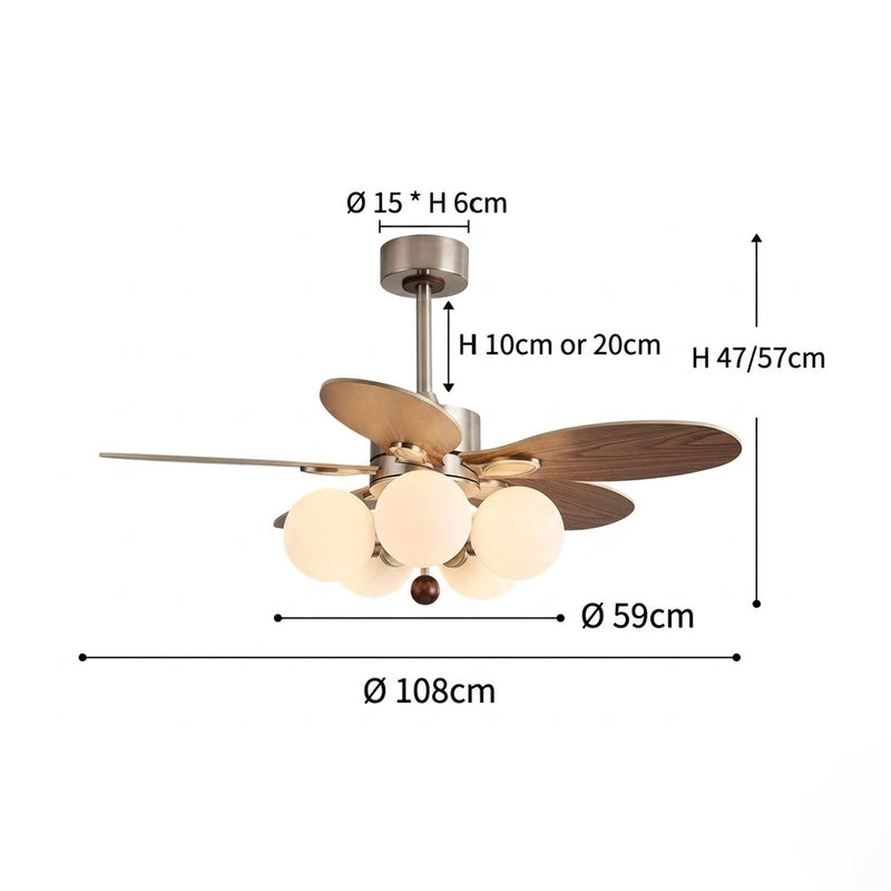 Mid-Century Walnut Ceiling Fan with Globe Lights for Living Room