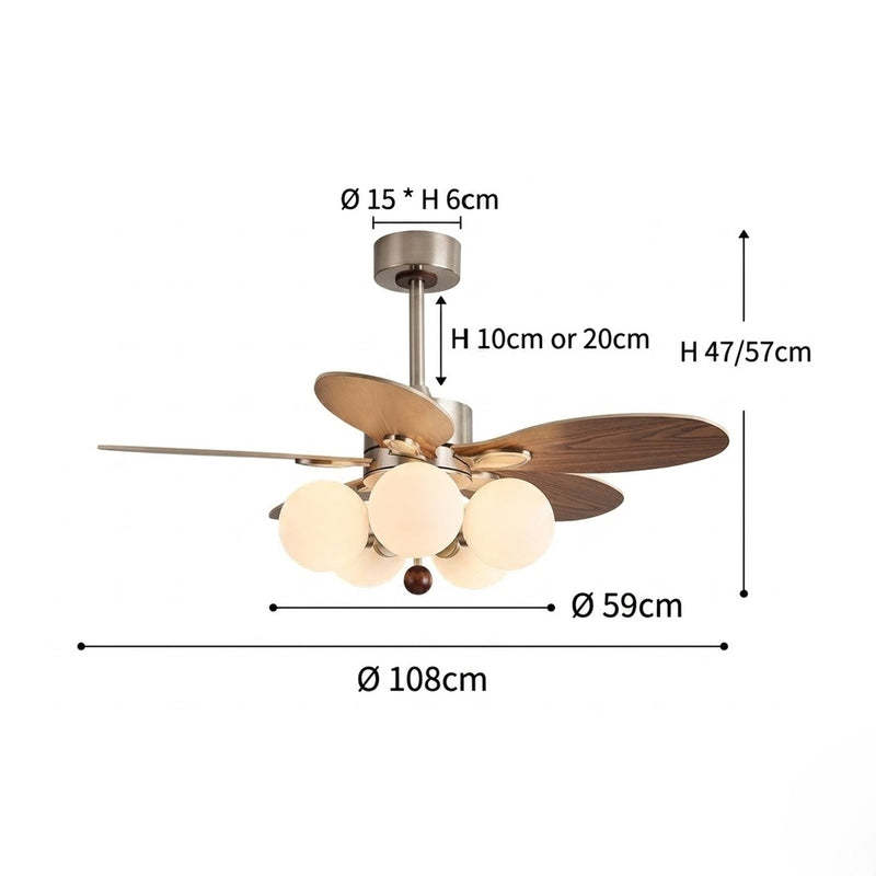 Mid-Century Walnut Ceiling Fan with Globe Lights for Living Room