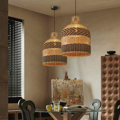 Boho Stripes Hand-woven Lampshade Elegant Rattan Pendant Light-labpiecesign