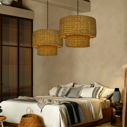 Double layer Natural Rattan Shade Traditional Drum Hanging Pendant Light-labpiecesign
