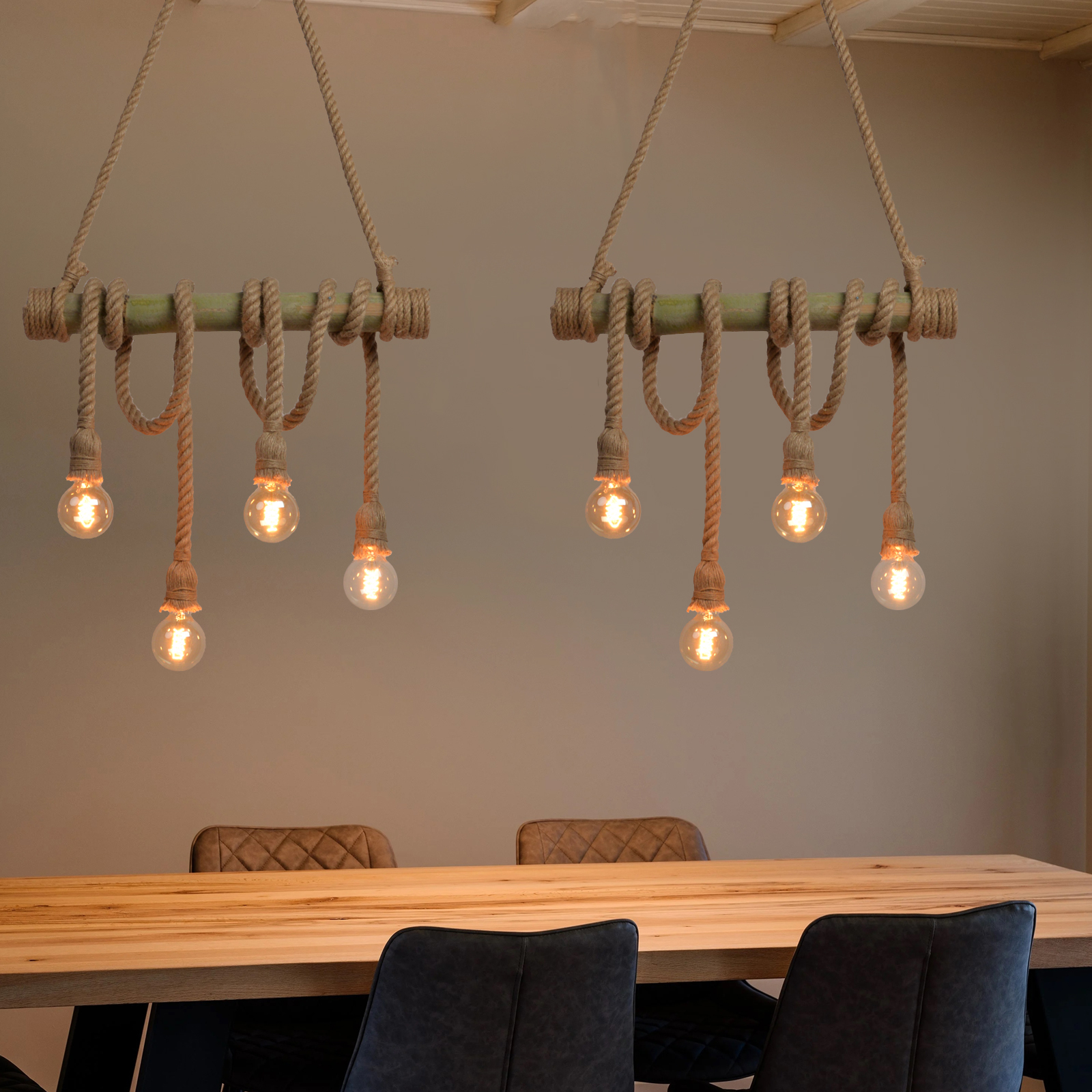 Industrial Vintage Island Pendant Light with Rope Wood Decoration-labpiecesign