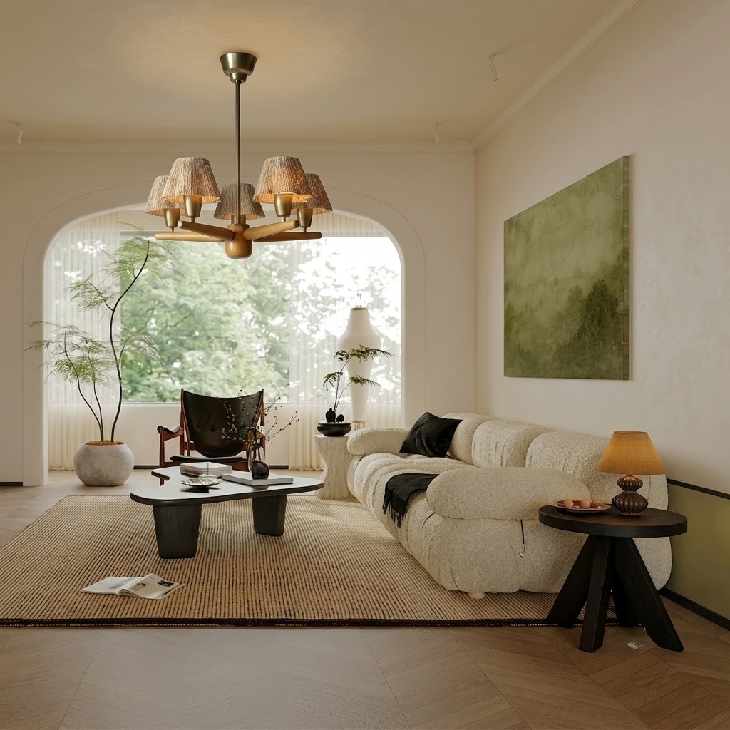 Mid-Century Solid Wood Fabric Chandelier for Dining Room & Bedroom