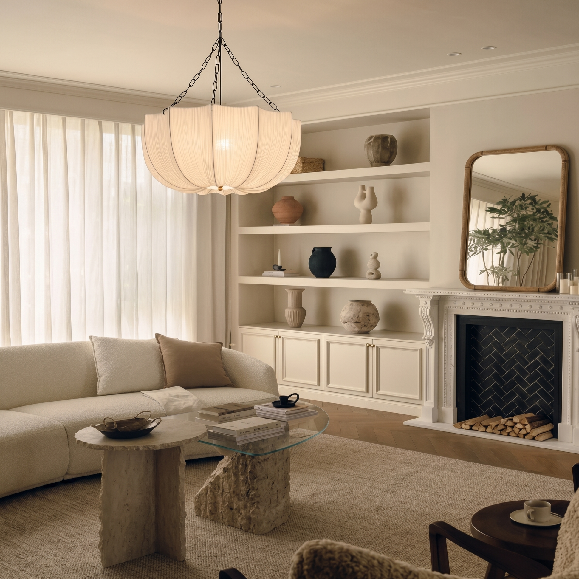 French-style Fabric Pendant Light,Elegant Minimalist Lighting for Living Room and Dining Room