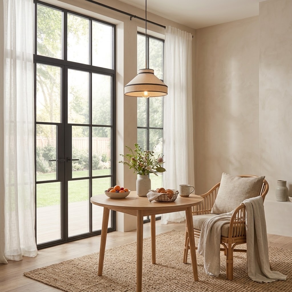 Modern Organic Linen Pendant Light with Black Trim | Fabric Hanging Shade Light