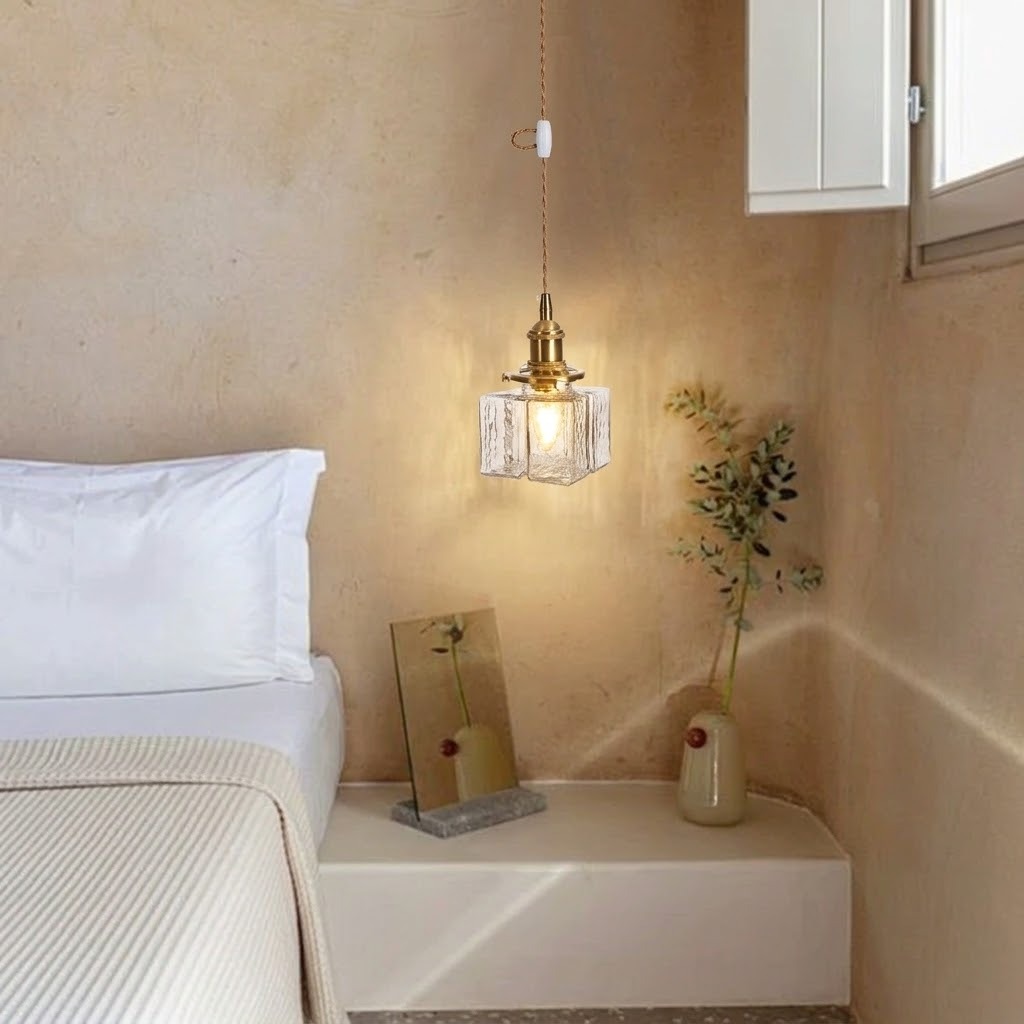 Modern Handblown Glass Pendant Light - Vintage Brass Square Hanging Lamp