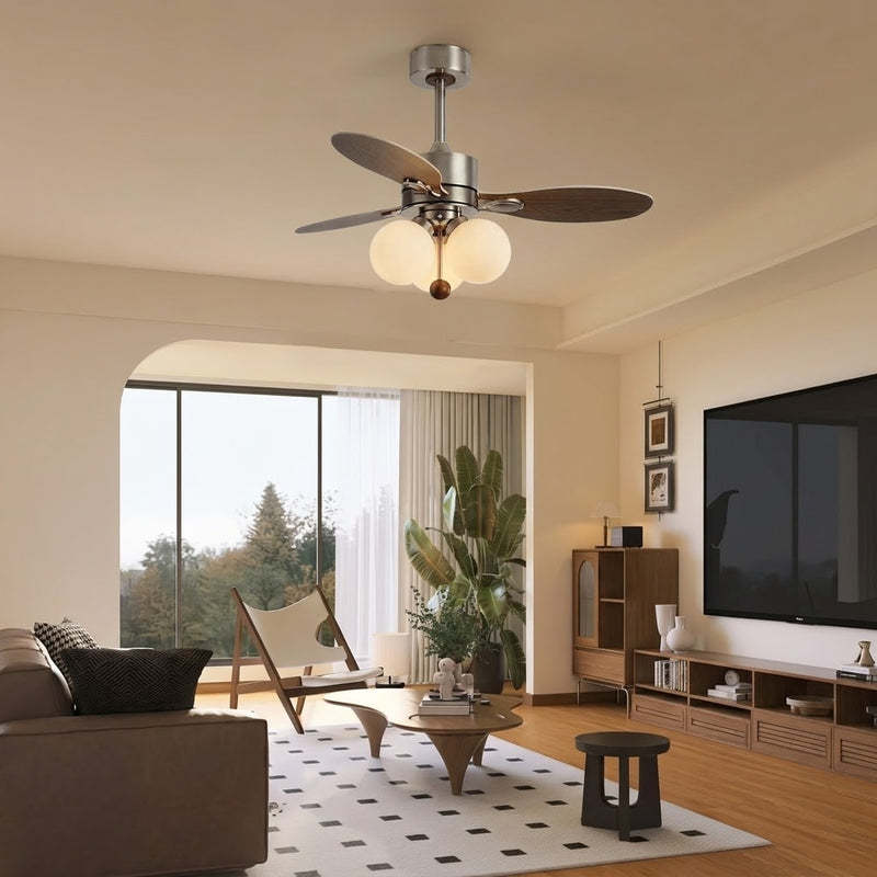 Mid-Century Walnut Ceiling Fan with Globe Lights for Living Room