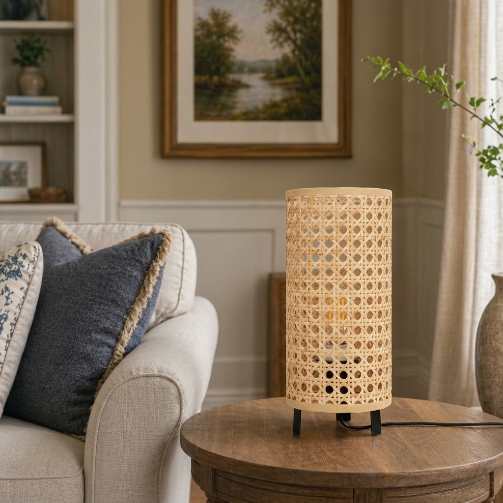 Woven Rattan Table Lamp with Black Metal Base for Bedroom and Living Room