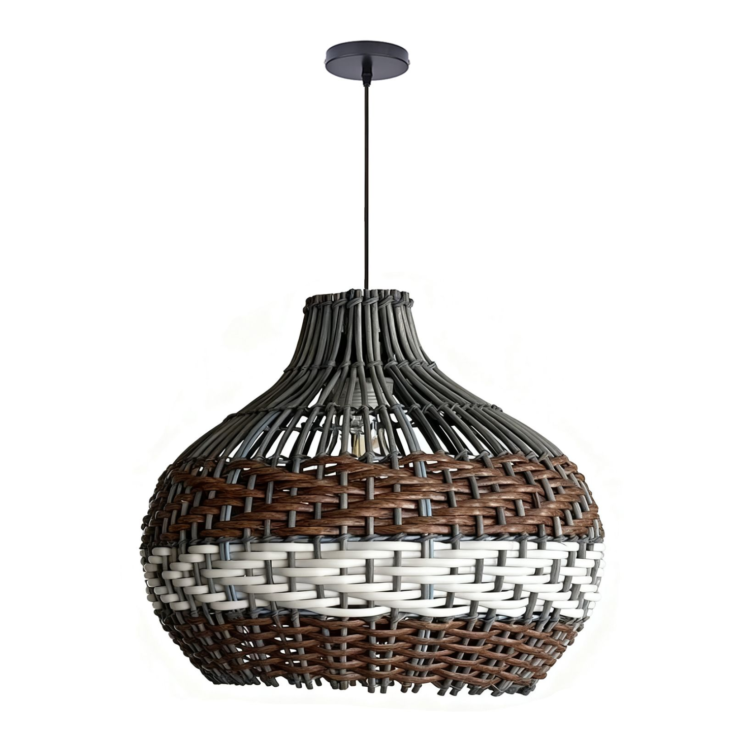 Black Rattan Pendant Light – Boho Dome Kitchen Island Lighting with Brown & White Weave